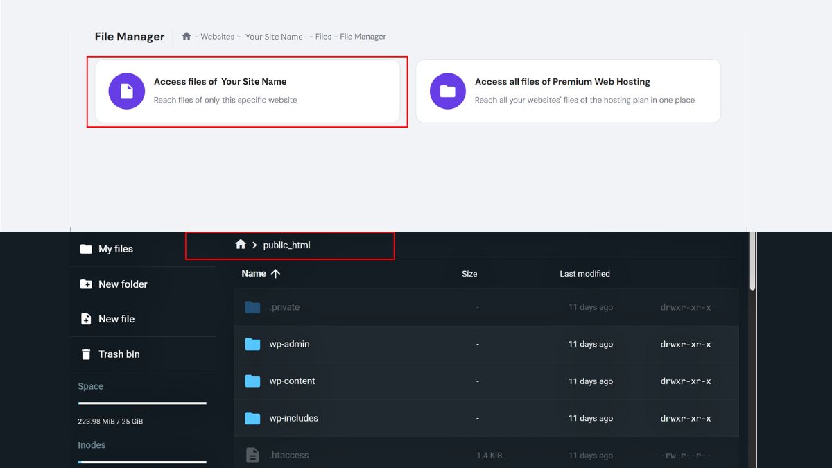 Root directory view inside a hosting file manager showing WordPress files