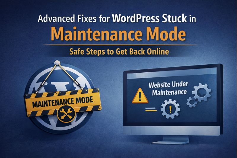 WordPress website stuck in maintenance mode showing maintenance screen and warning icon