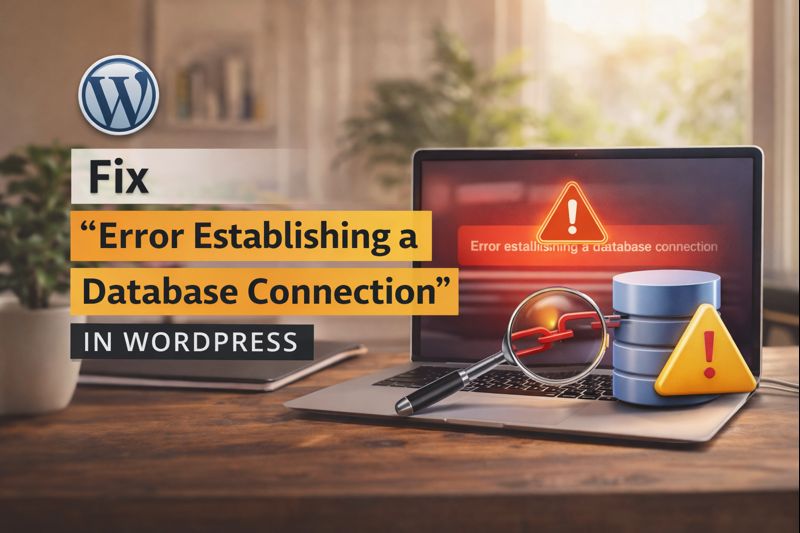WordPress website showing an “Error establishing a database connection” message on screen