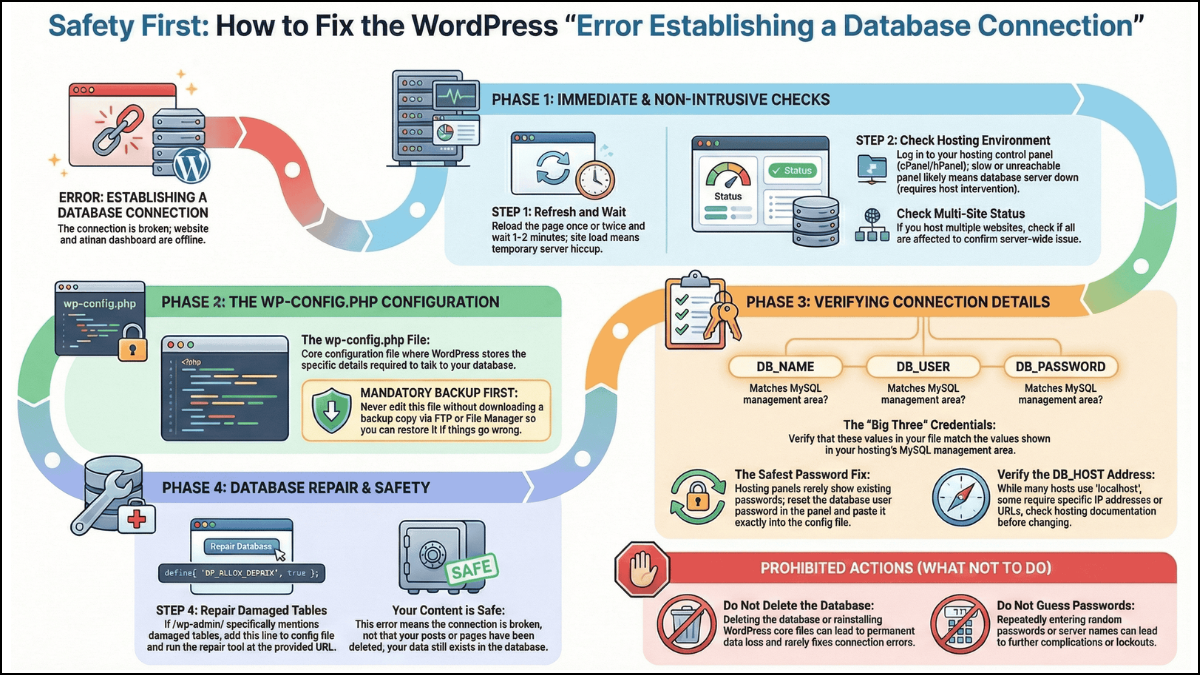 Flowchart showing safe steps to troubleshoot the “Error establishing a database connection” in WordPress