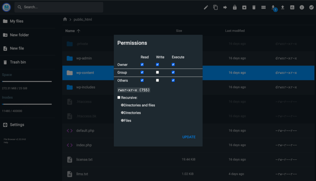 WordPress folder permissions set to 755