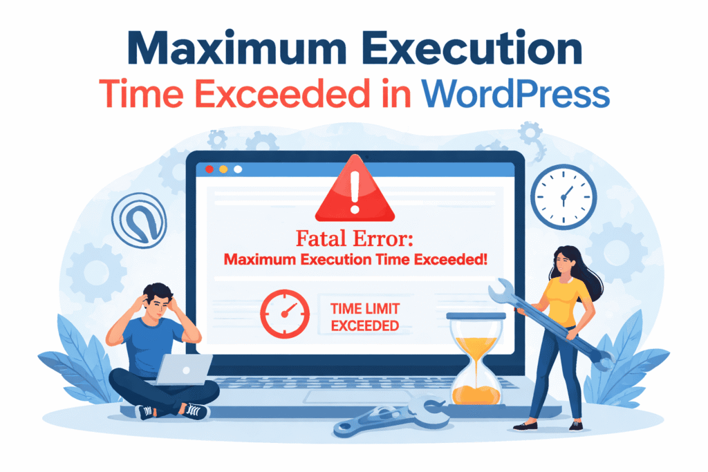 Illustration showing the “Maximum Execution Time Exceeded in WordPress” fatal error on a laptop screen with warning icons, clock, and tools representing safe troubleshooting and fixes.