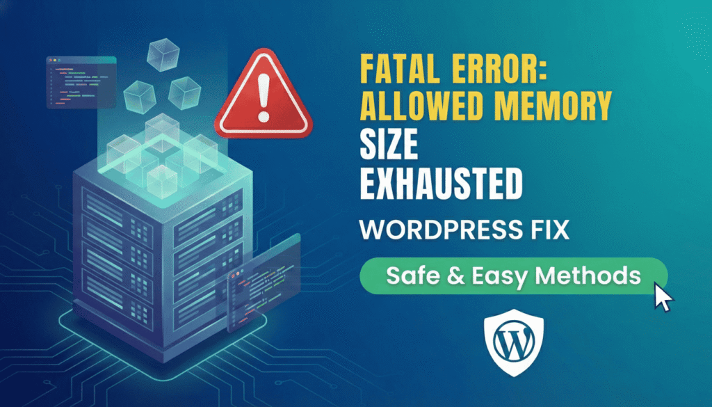 Visual guide on how to fix Fatal Error: Allowed Memory Size Exhausted in WordPress safely by increasing PHP memory limit.