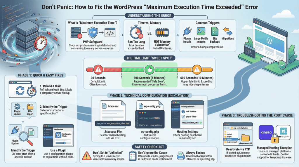 Infographic explaining how to fix the maximum execution time exceeded in WordPress error, including causes, execution time limits, and safe fixes using wp-config.php, .htaccess, hosting settings, and plugin troubleshooting.