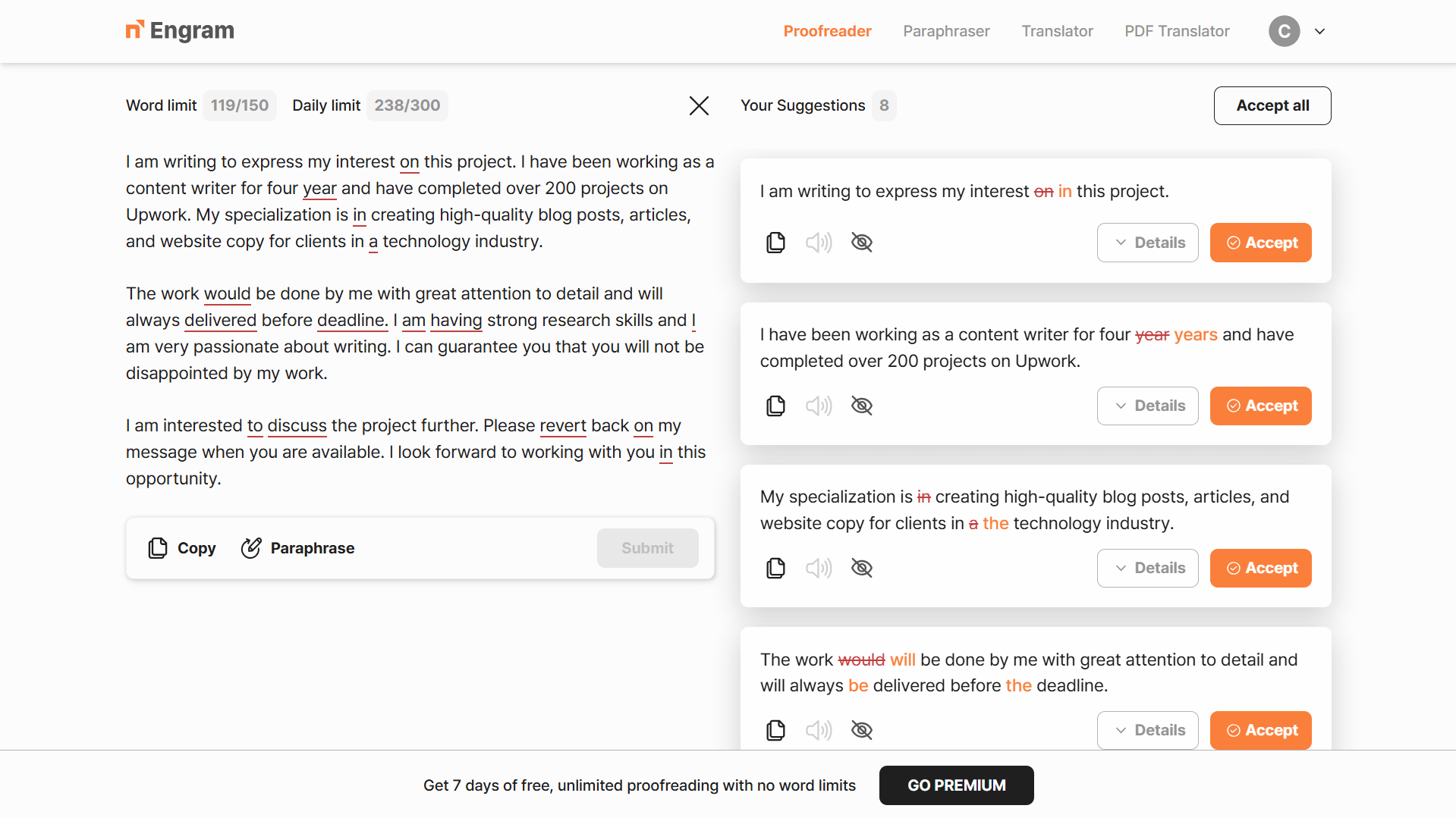 Engram proofreader showing 8 sentence-level rewrites on 119-word proposal