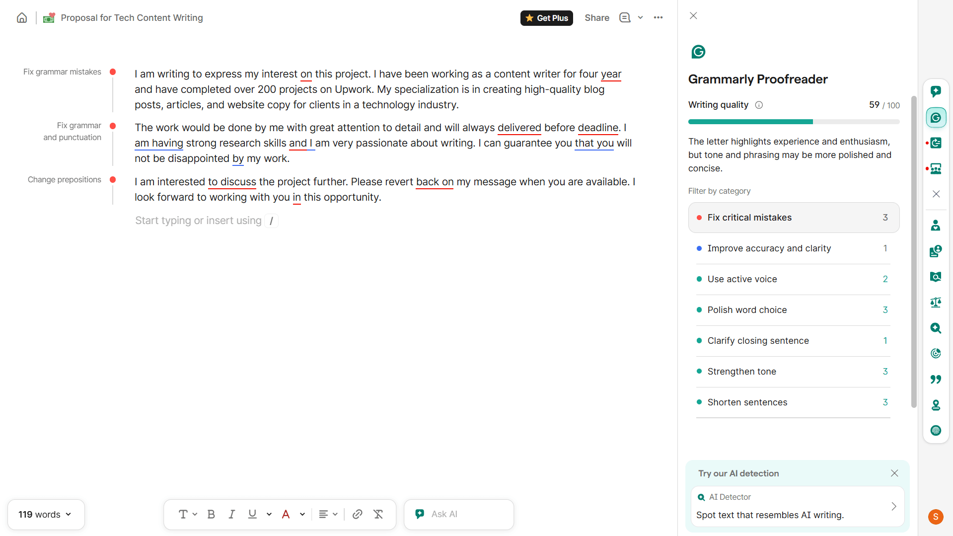 Grammarly Free proofreader showing 59 out of 100 writing quality score on test proposal