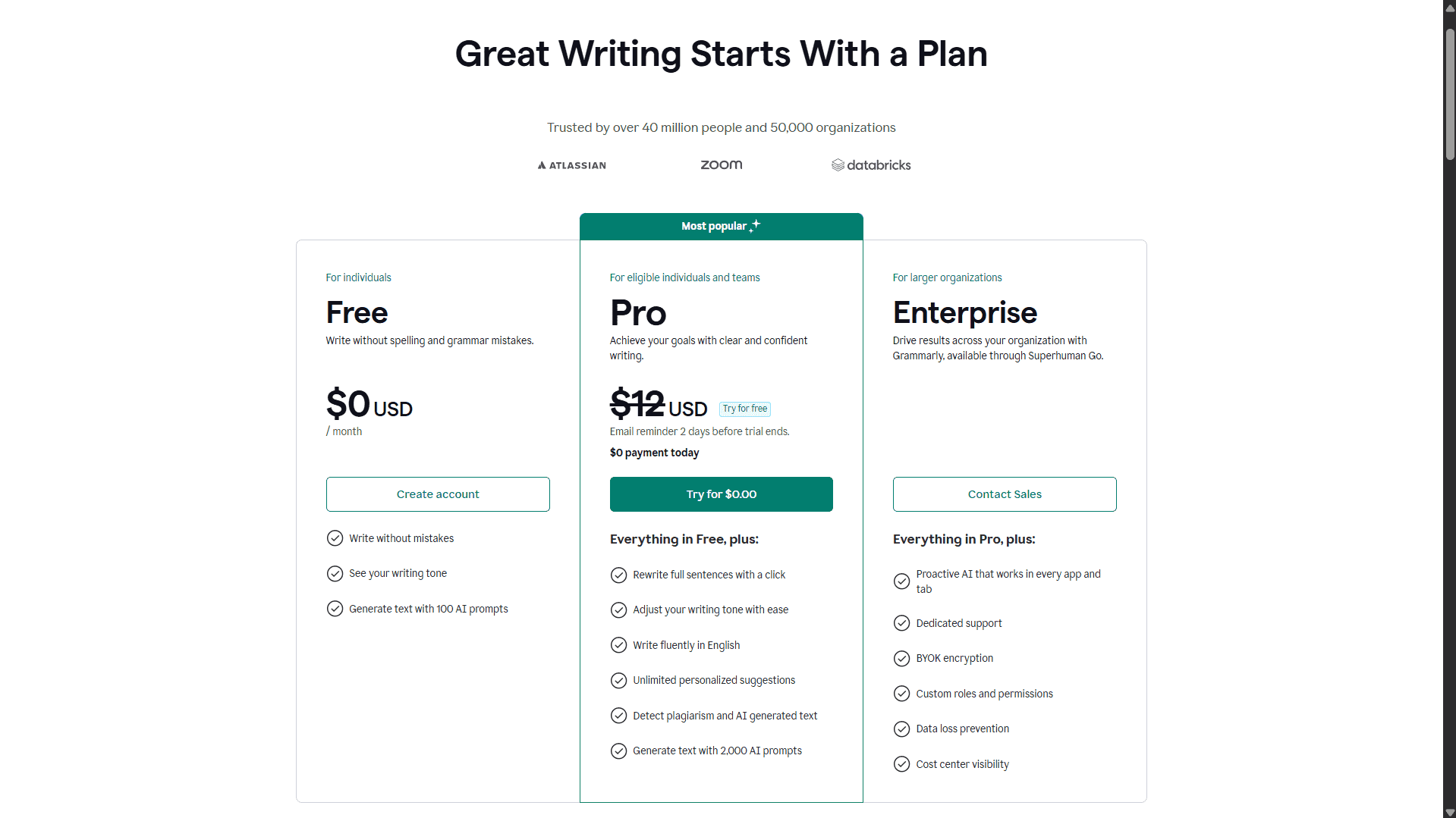Grammarly pricing page showing Free, Pro, and regional Plus plan options in 2026