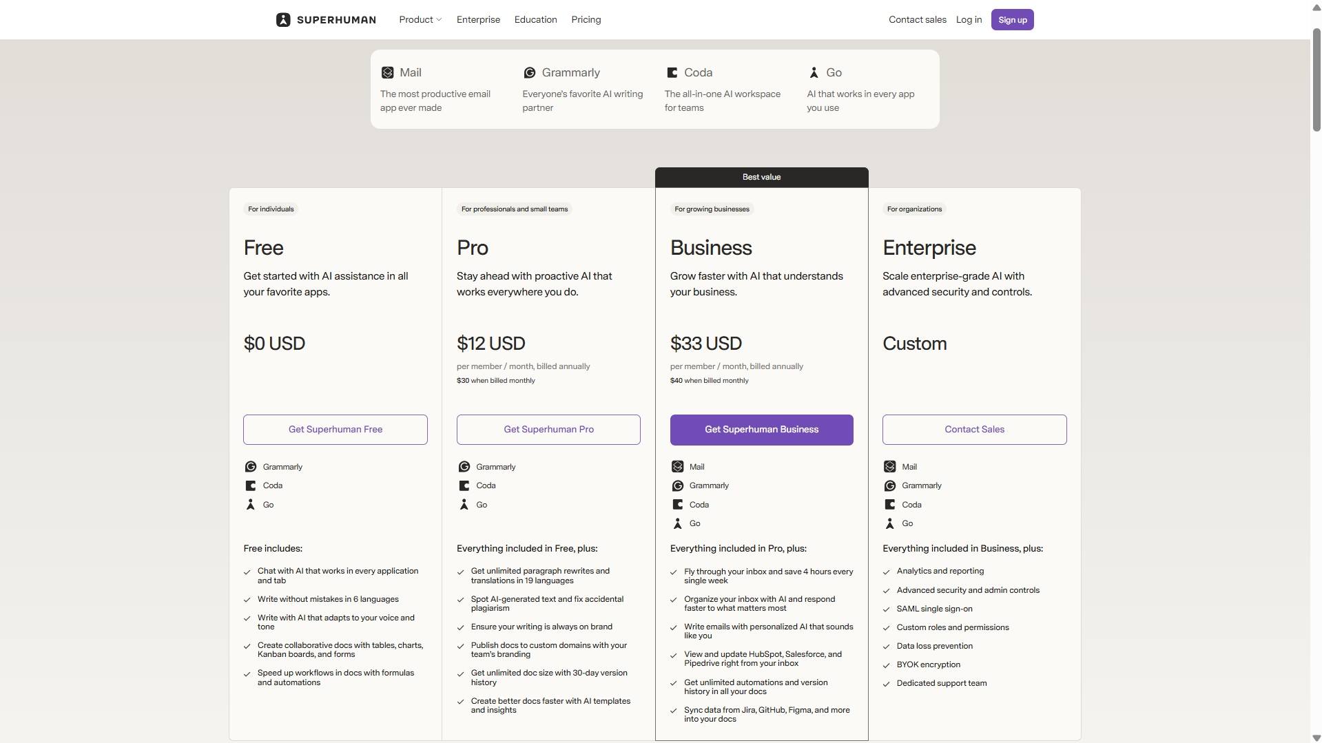 Grammarly pricing plans 2026 - complete breakdown Grammarly pricing page 2026 showing Free, Pro, Business, and Enterprise plans after Superhuman rebrand