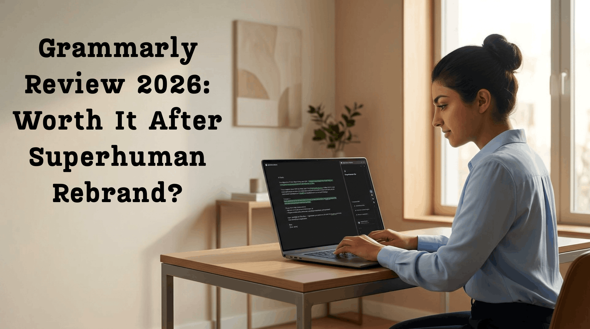 South Asian professional woman using Grammarly and Superhuman Go AI writing tools on a laptop in a modern office.