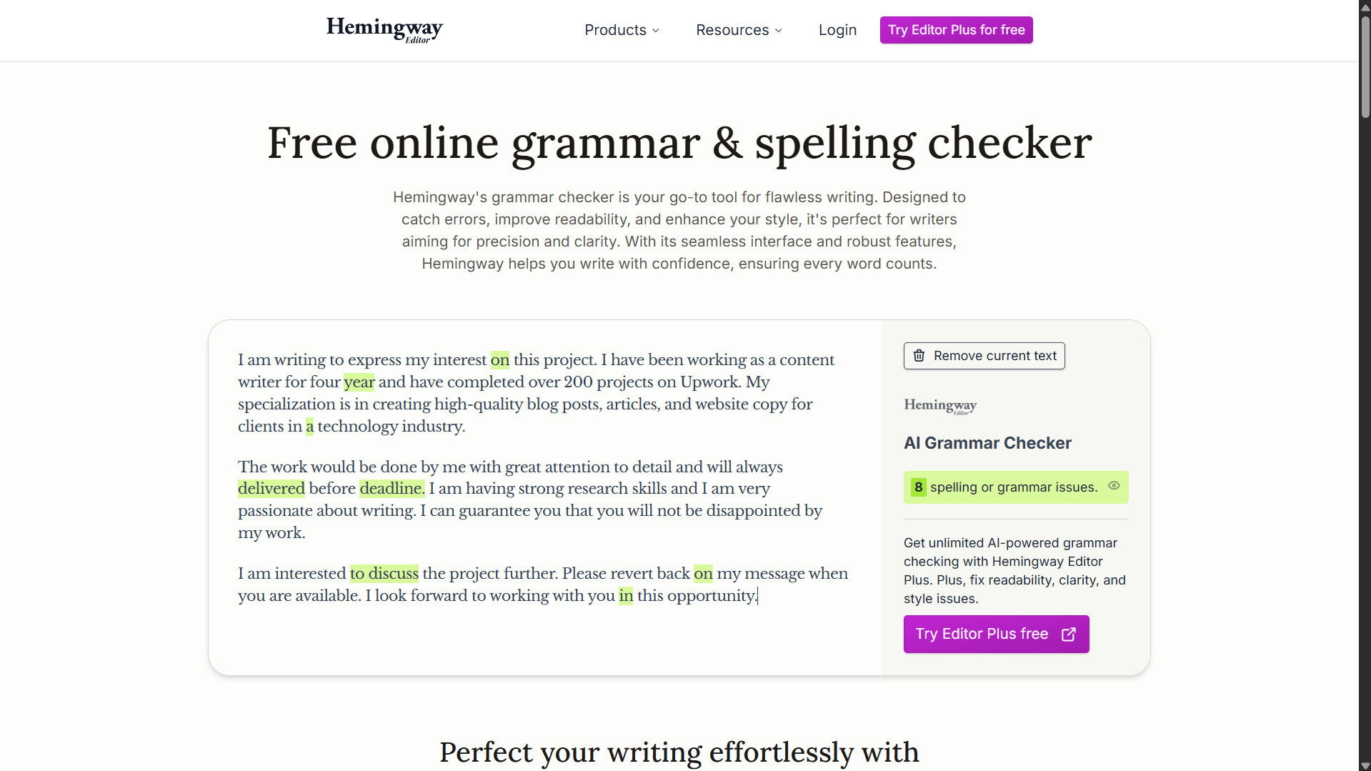 Hemingway Editor AI grammar checker flagging 8 issues on freelance proposal