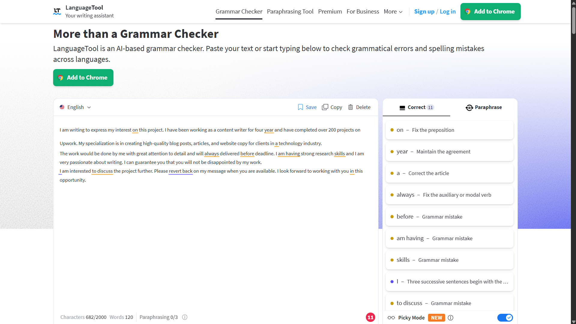 LanguageTool free grammar checker catching 11 issues on a 140-word Upwork proposal
