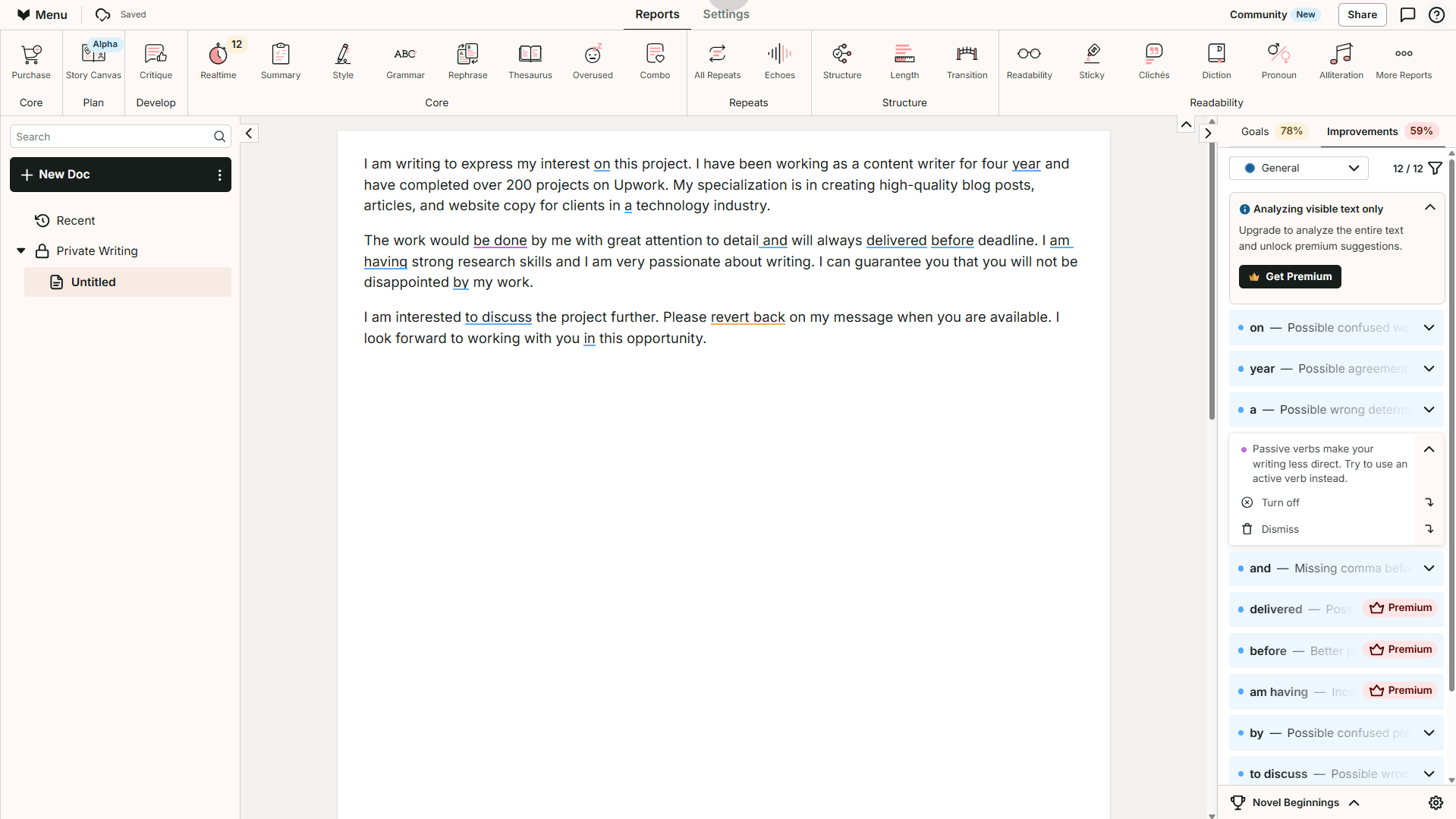 ProWritingAid free tier showing 12 suggestions with premium-gated corrections marked
