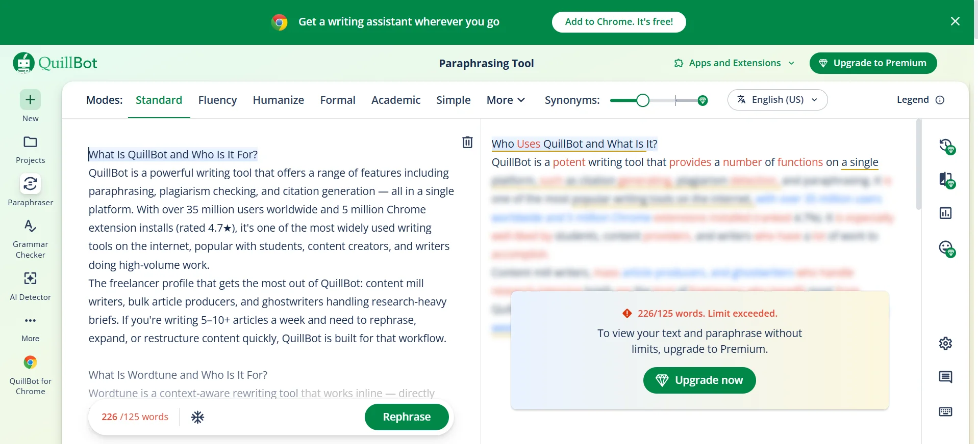 QuillBot free plan paraphraser showing Standard and Fluency modes available, other modes locked
