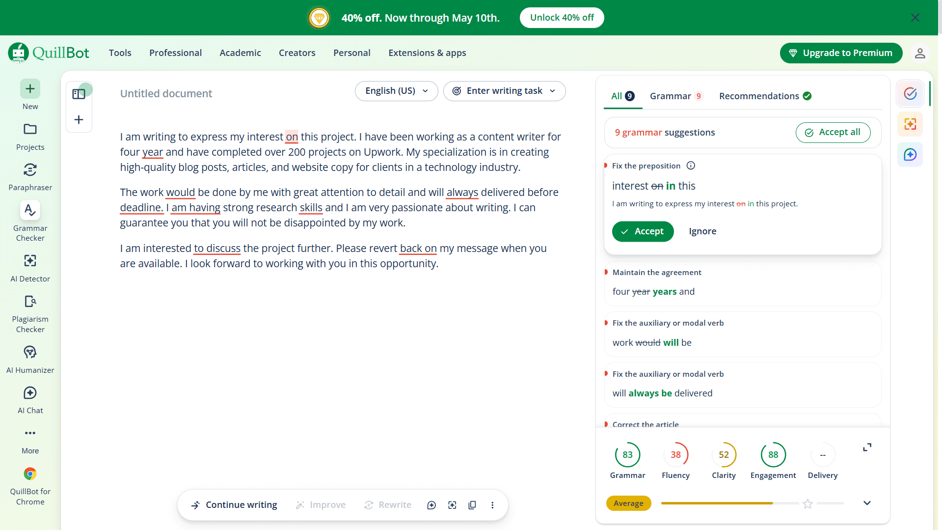 QuillBot grammar checker showing 9 suggestions and fluency score 38 on proposal