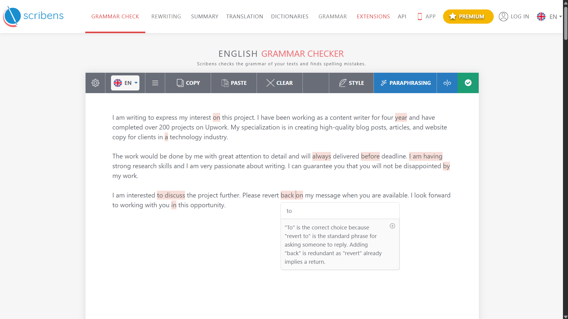 Scribens grammar checker showing full rule explanation for revert back correction