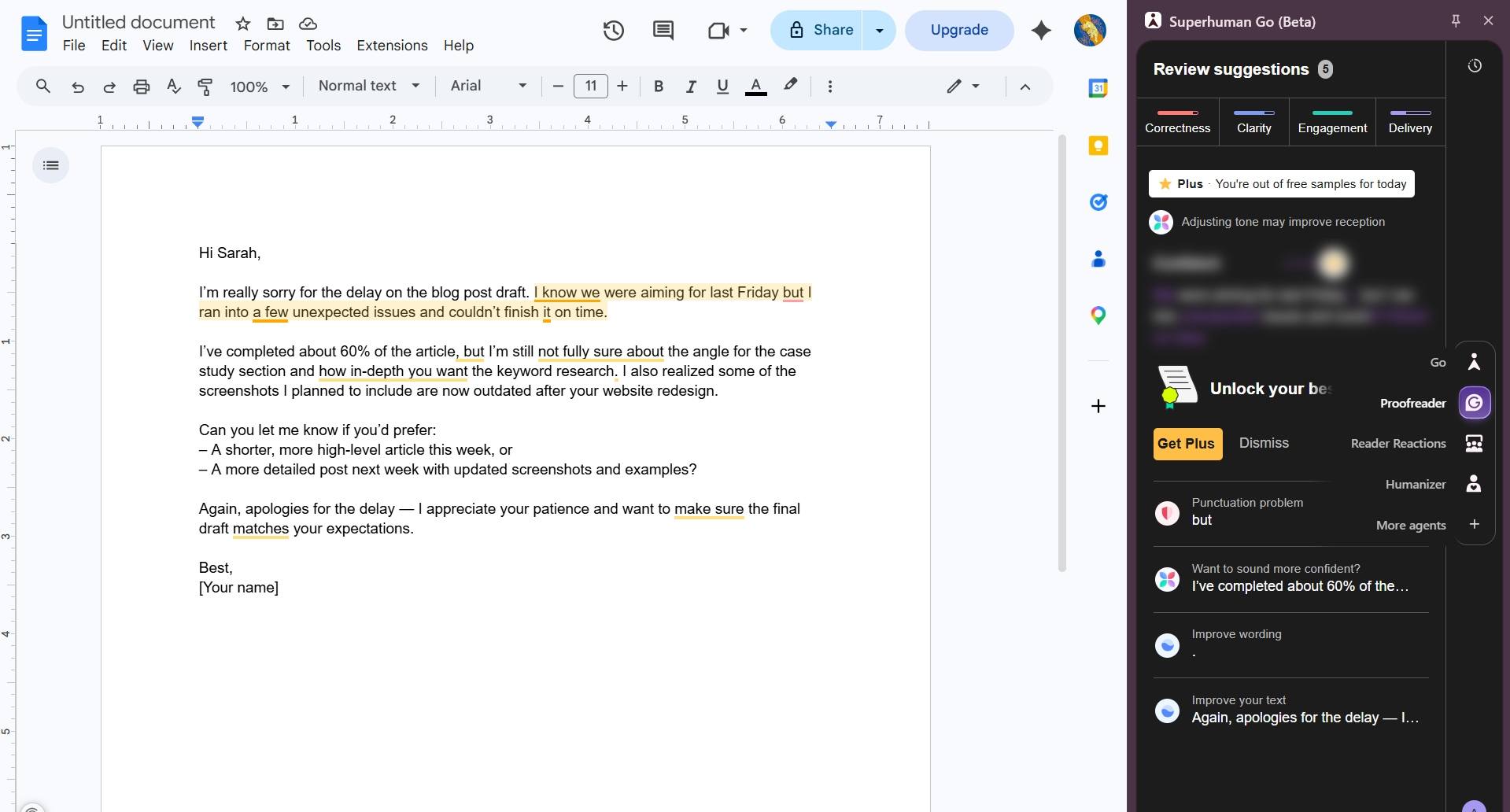 Grammarly browser extension works everywhere after Superhuman rebrand Grammarly browser extension with Superhuman Go showing suggestions in Google Docs and Gmail 2026