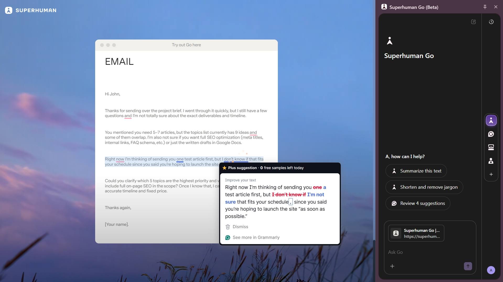 Superhuman Go proactive suggestions in Google Docs 2026 Superhuman Go interface showing proactive AI suggestions sidebar in Google Docs with tone detection and corrections