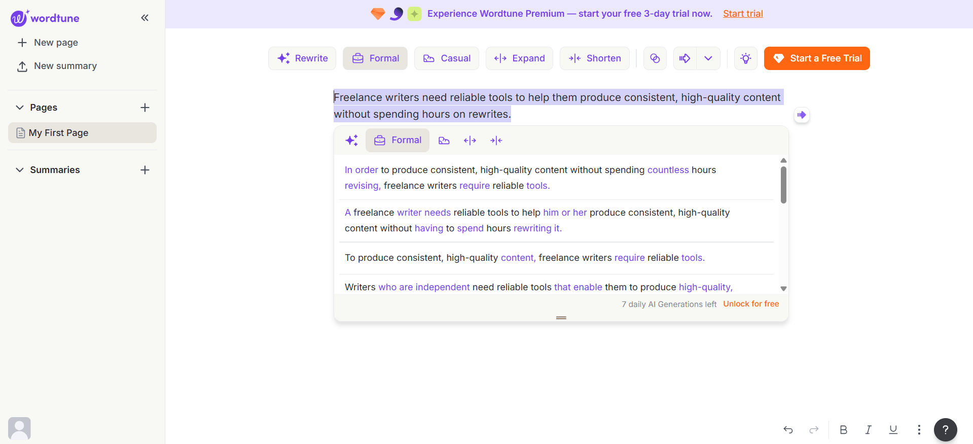 Wordtune formal mode rewrite suggestions panel showing multiple output options