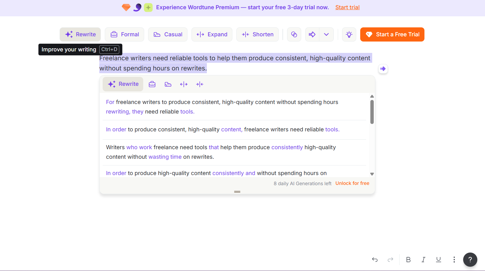 Wordtune proofread panel showing spelling and grammar corrections inline