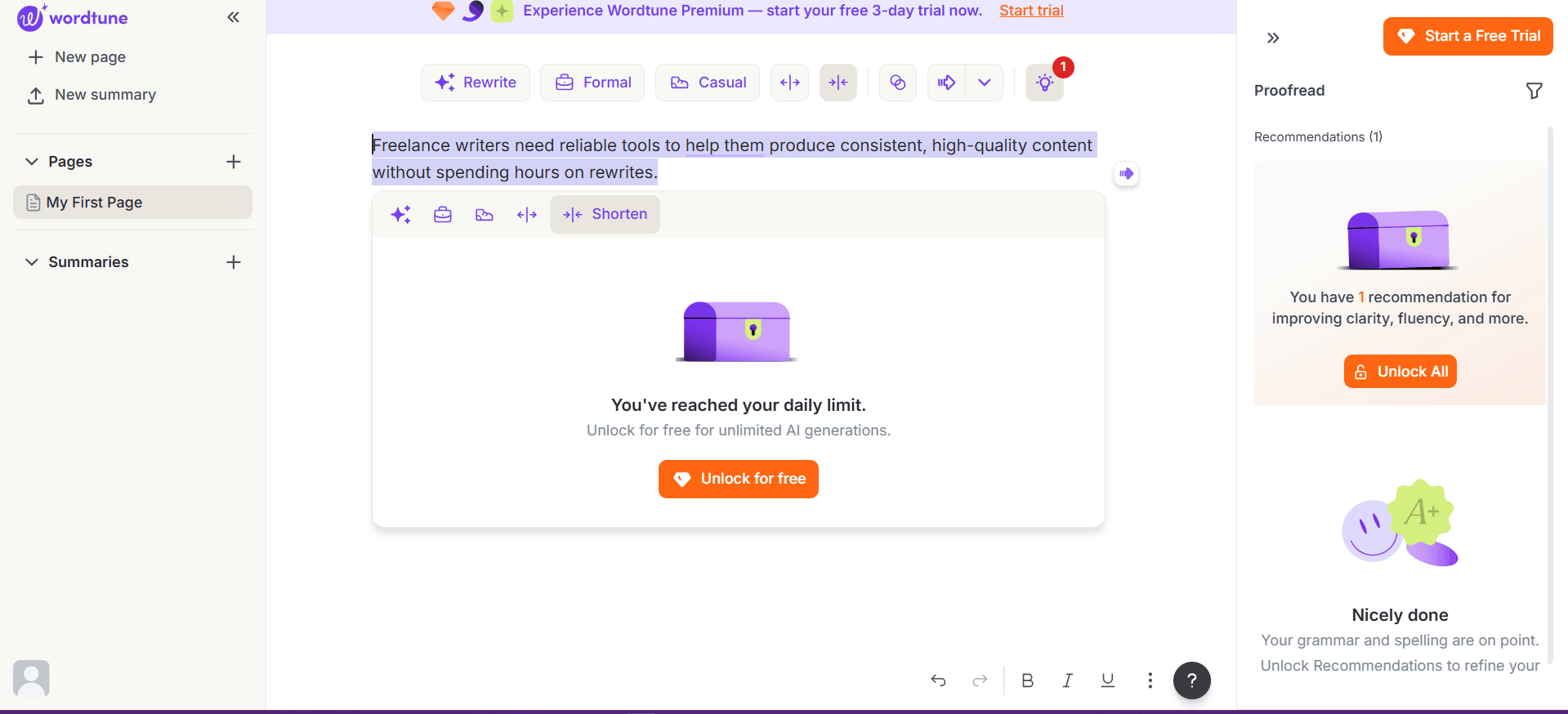 Wordtune free plan daily limit reached after 10 AI generations