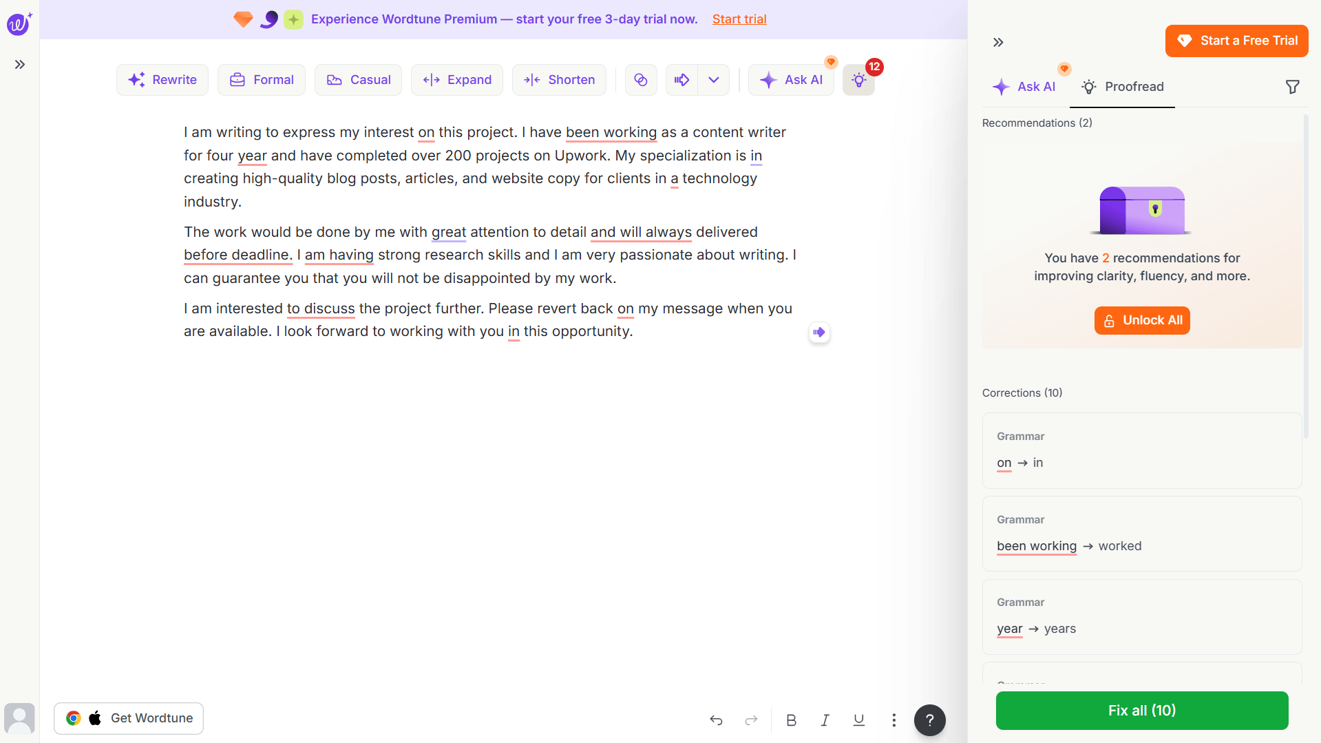 Wordtune showing 10 corrections including one questionable suggestion on freelance proposal