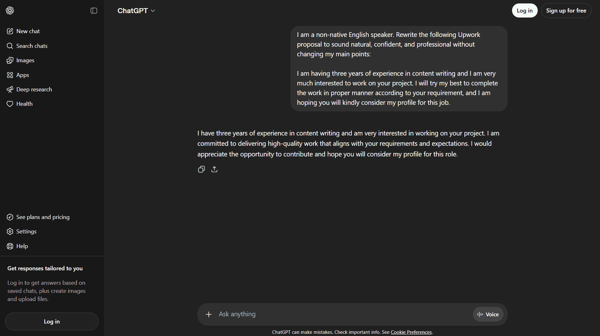 ChatGPT free used to rewrite Upwork proposal for non-native English freelancer