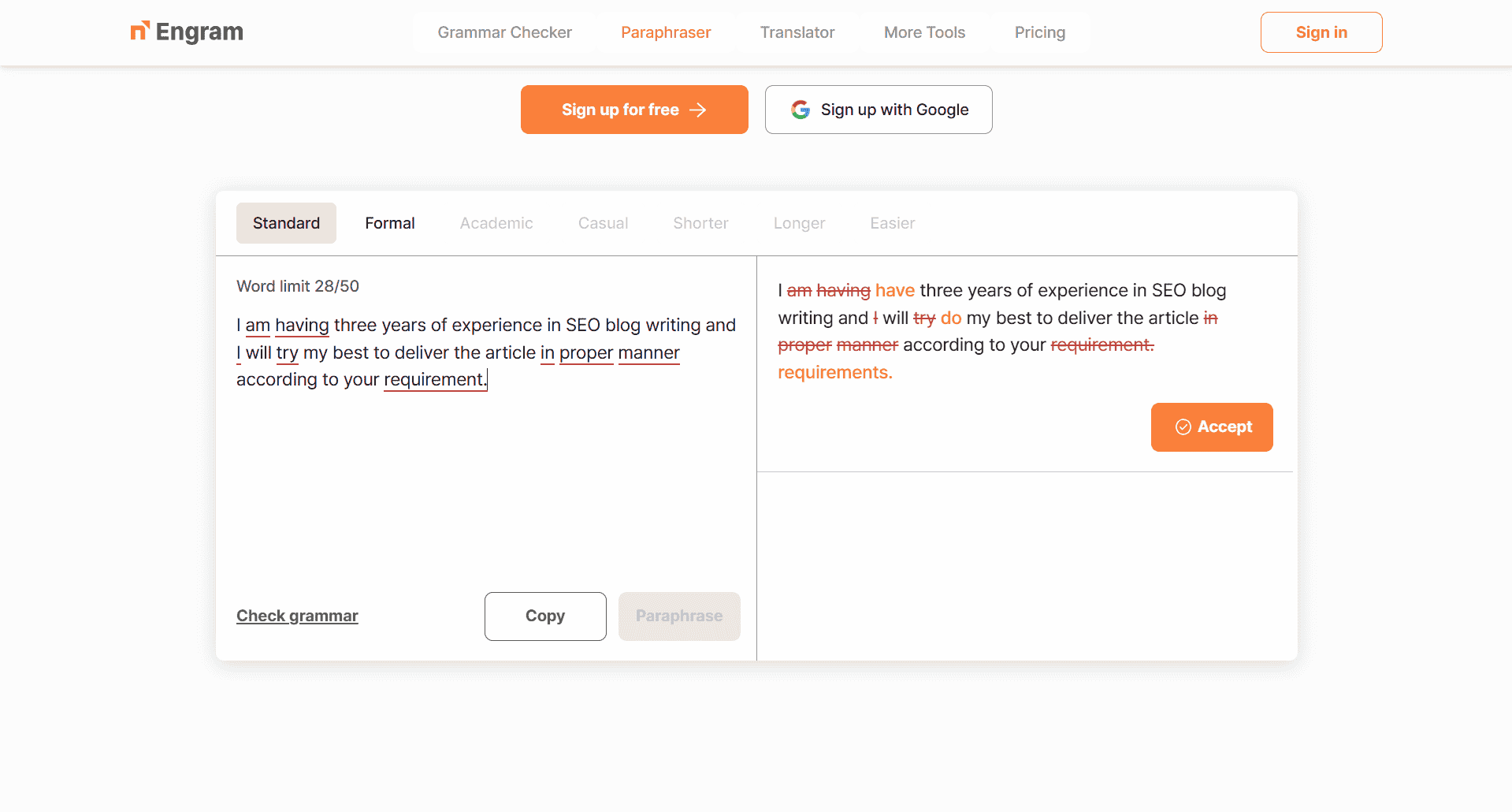Engram free AI writing tool for non-native English speakers showing paraphrasing styles