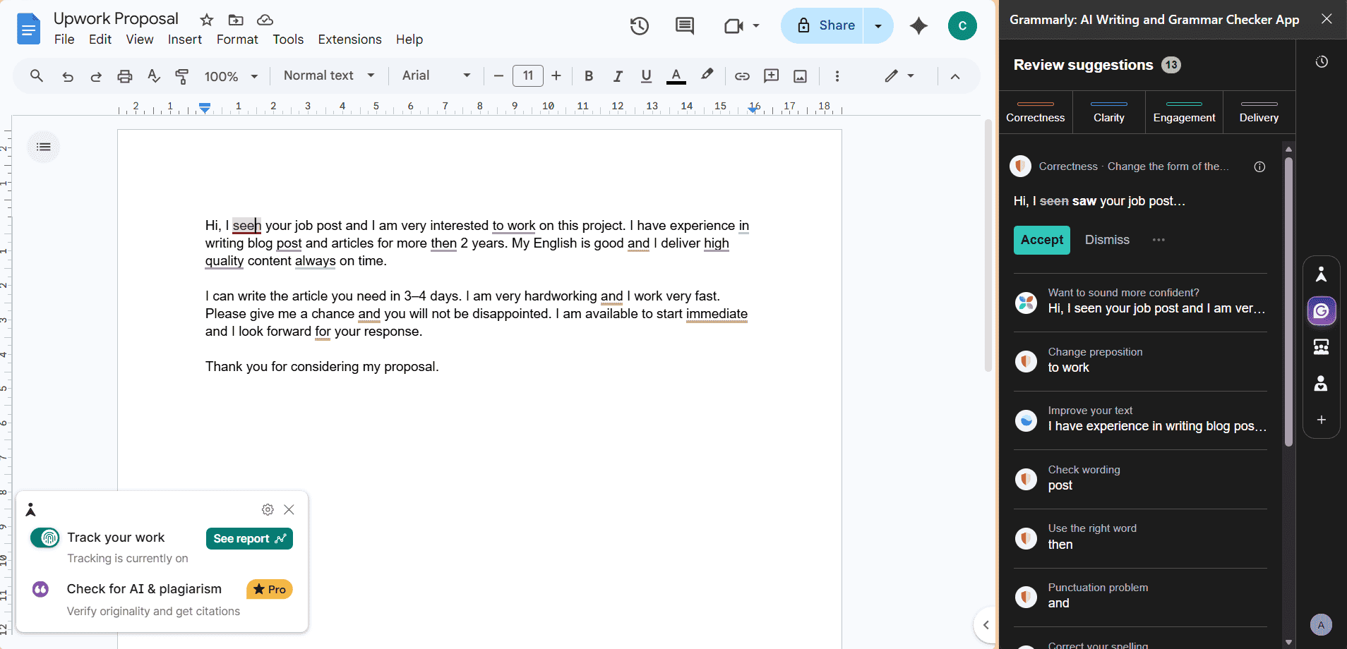 Grammarly browser extension showing real-time grammar and tone suggestions inside Google Docs editor