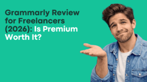Grammarly review for freelancers thumbnail showing a young freelancer with a thoughtful expression on a dark blue background, questioning if Grammarly Premium is worth it.