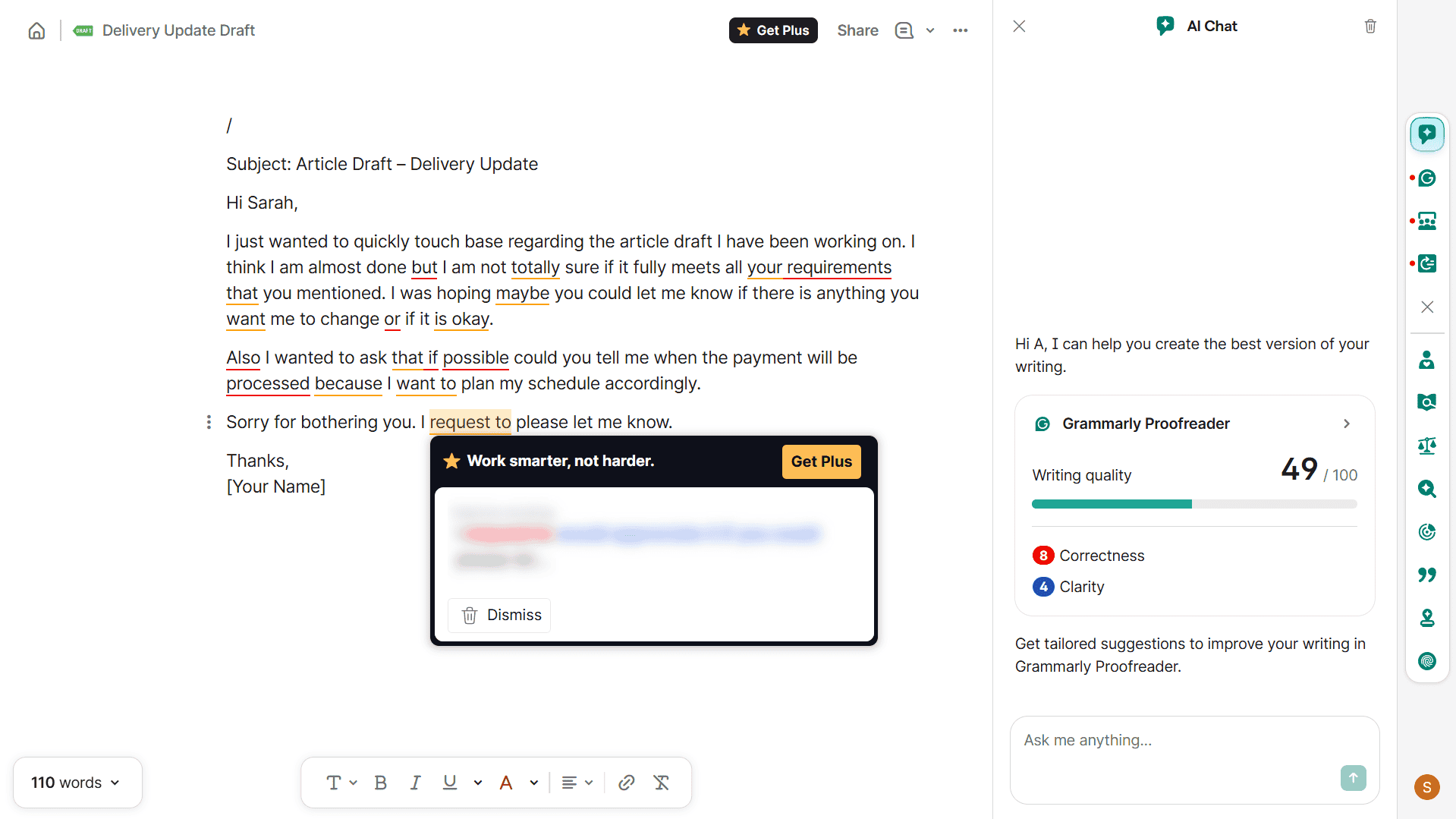 Grammarly Pro showing grammar, tone, and clarity suggestions inside a browser window