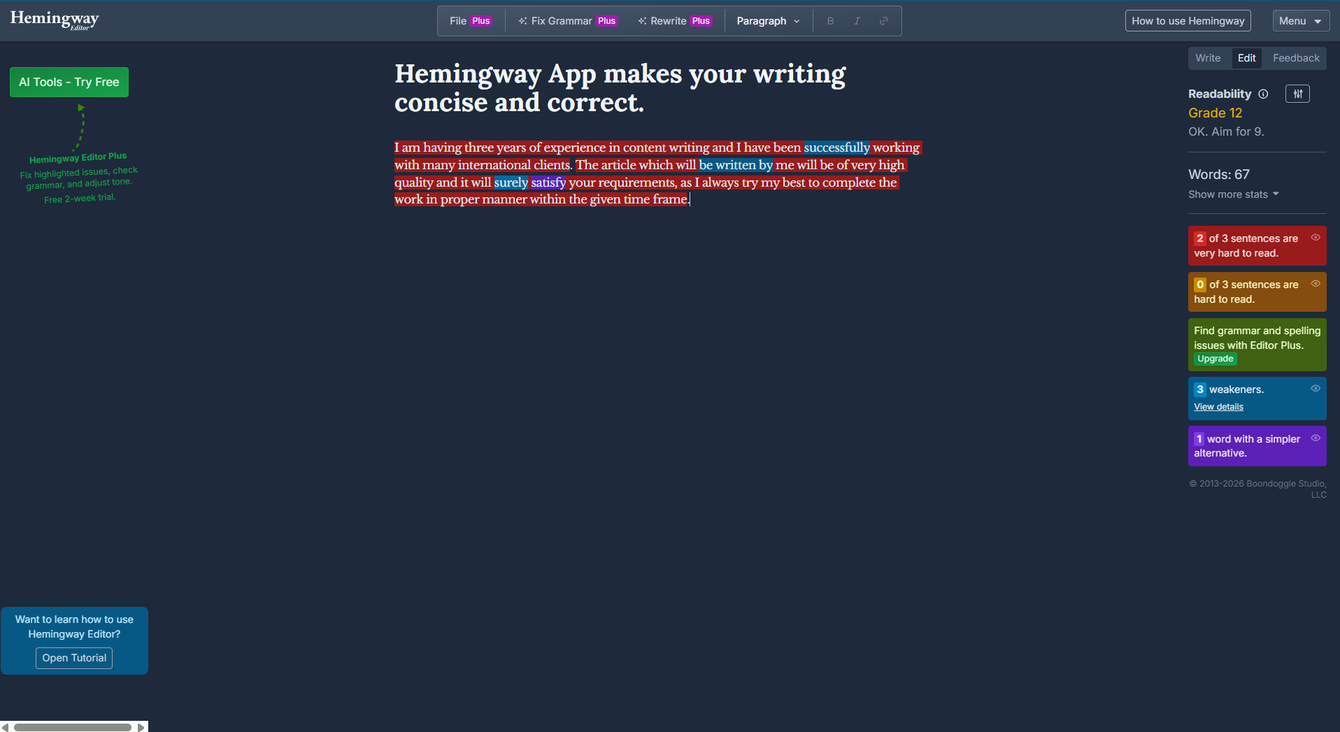 Hemingway App showing readability score for non-native freelancer writing