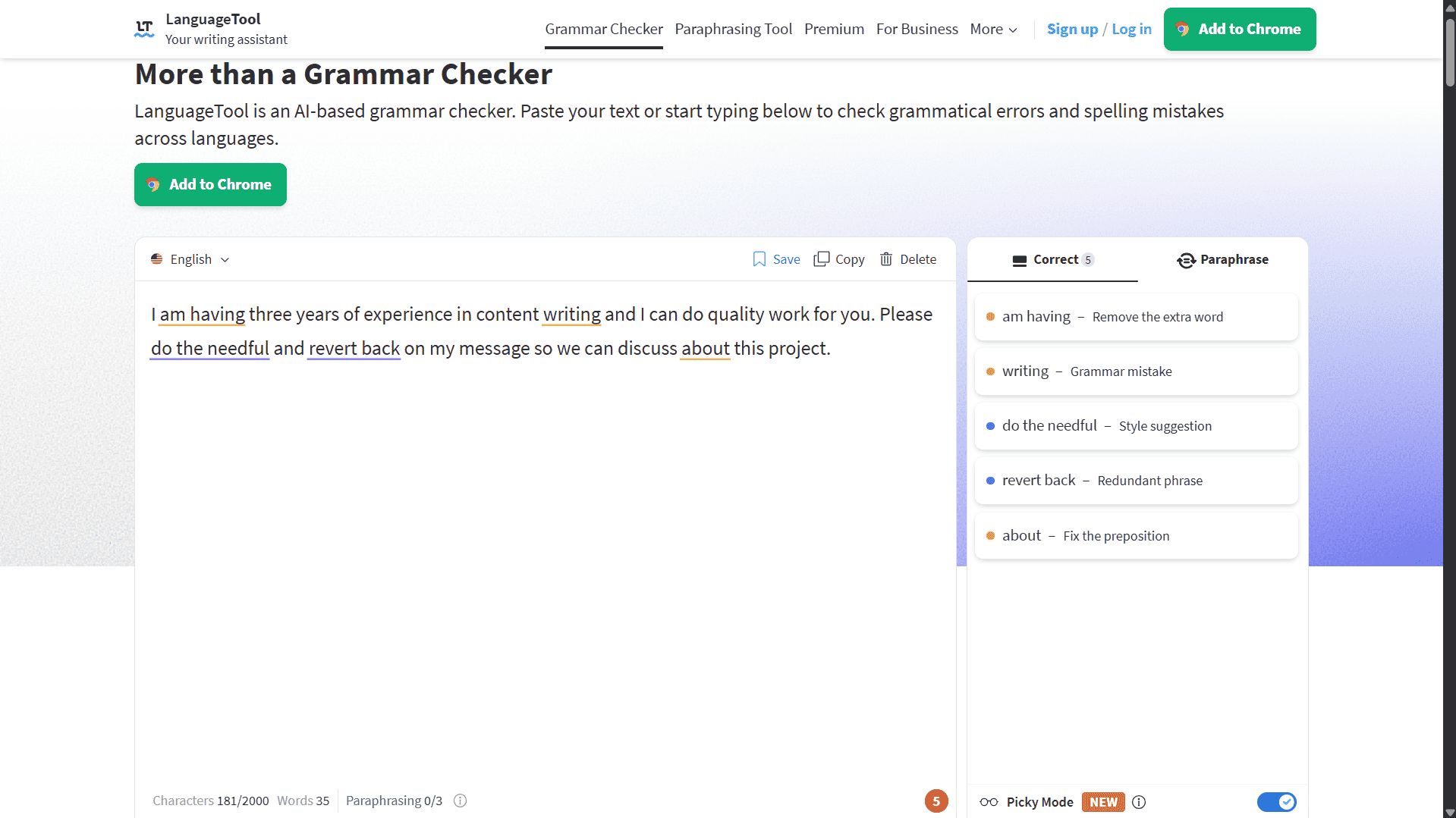 LanguageTool grammar checker improving a real Upwork proposal for a non-native English freelancer