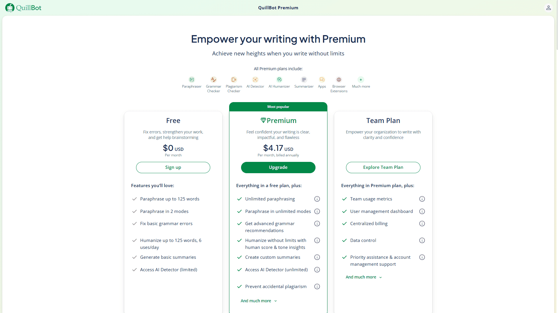 QuillBot pricing page 2026 comparing Free and Premium plan features for freelancers