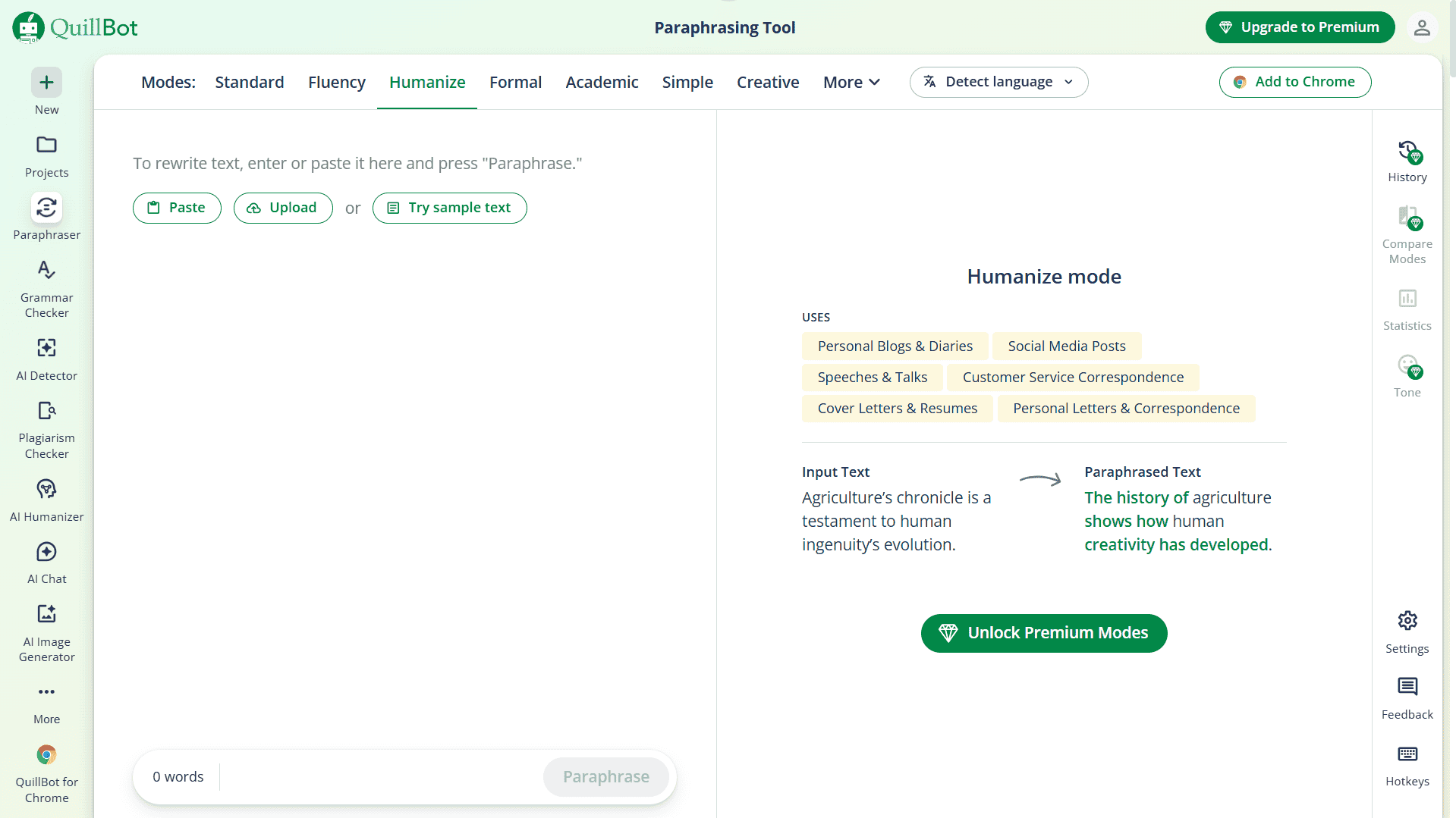quillbot review for freelancers — free plan dashboard showing Standard and Fluency modes