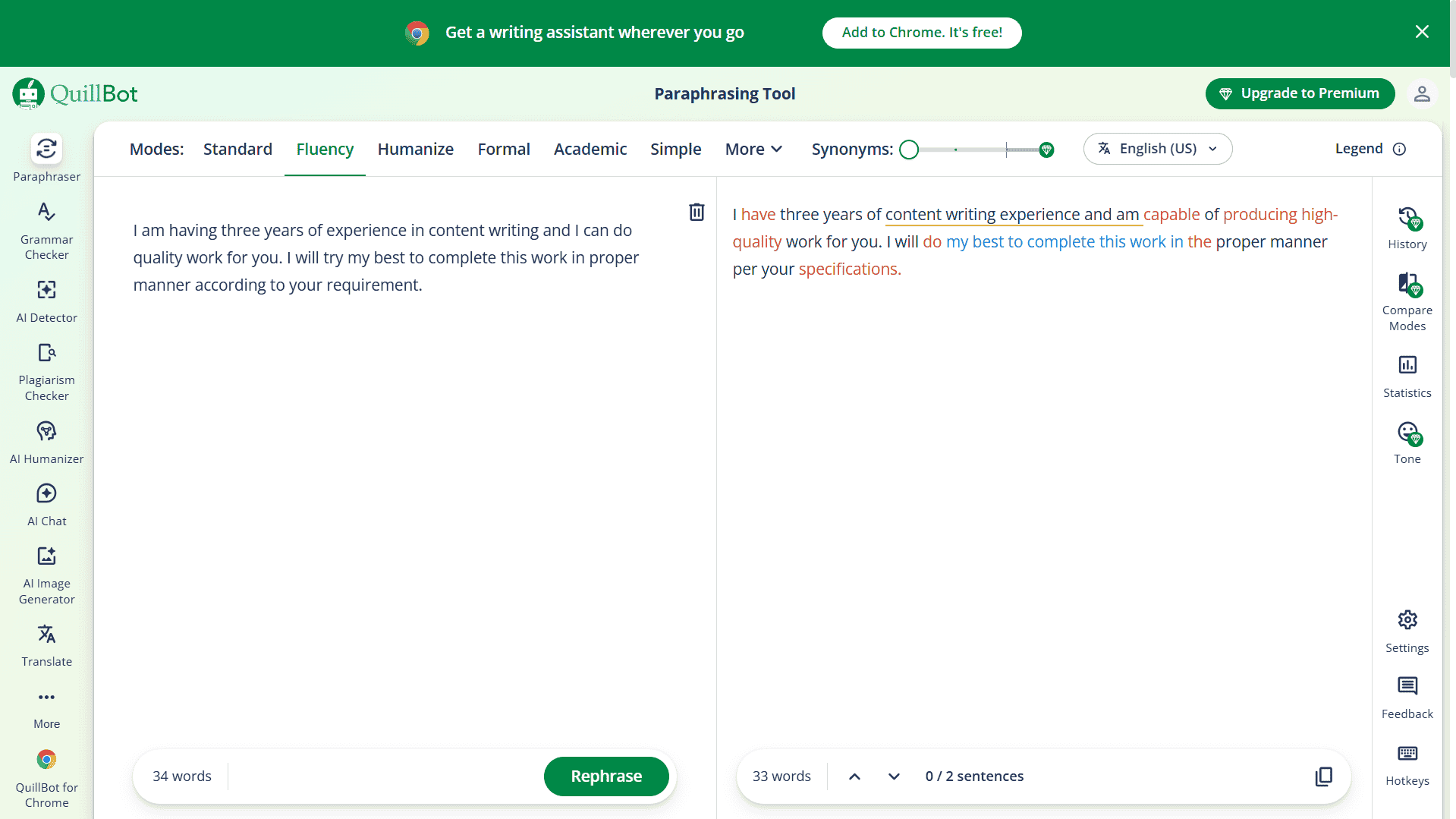 QuillBot free Fluency mode rewriting an Upwork proposal sentence for non-native English speaker