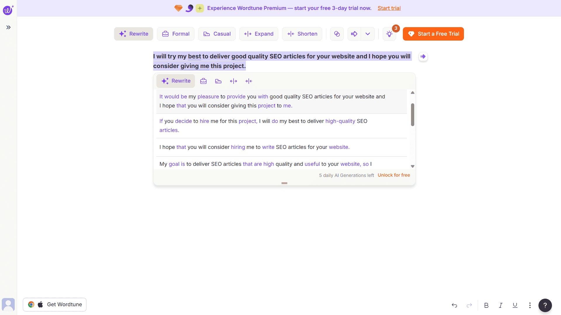 Wordtune free web editor showing confident rewrite for non-native English freelancer