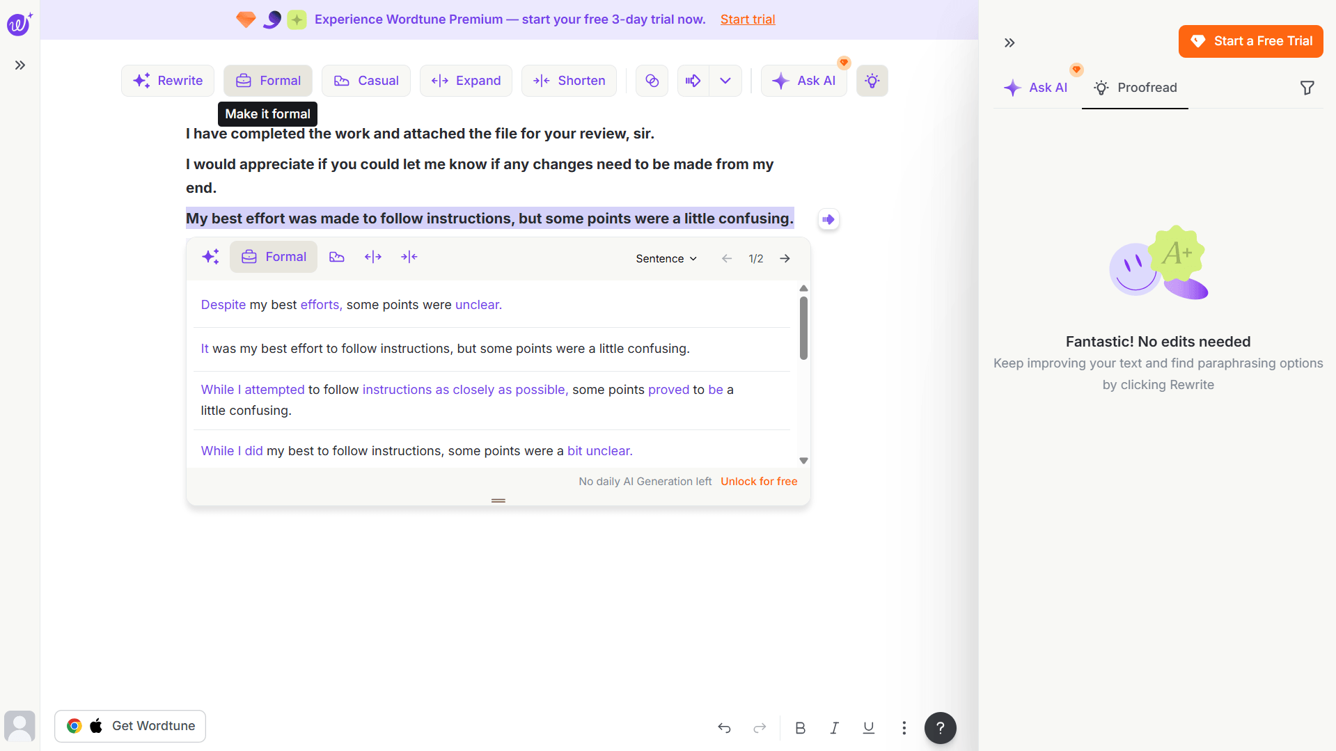 Wordtune review free plan daily limit reached after 10 AI uses