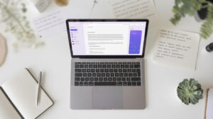 Wordtune review for non-native English freelancers — laptop with AI writing interface and multilingual notes.