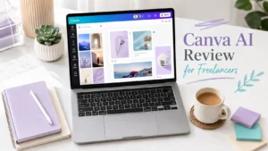 Canva AI Review for Freelancers- A laptop showing Canva Screen.