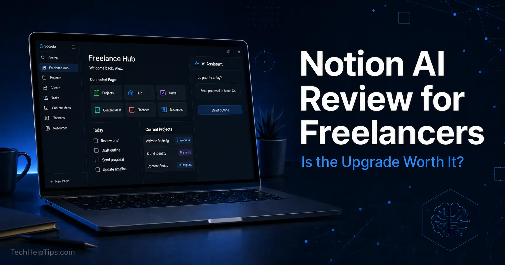 Notion AI review for freelancers featured image with AI workspace dashboard on laptop and dark blue professional background.