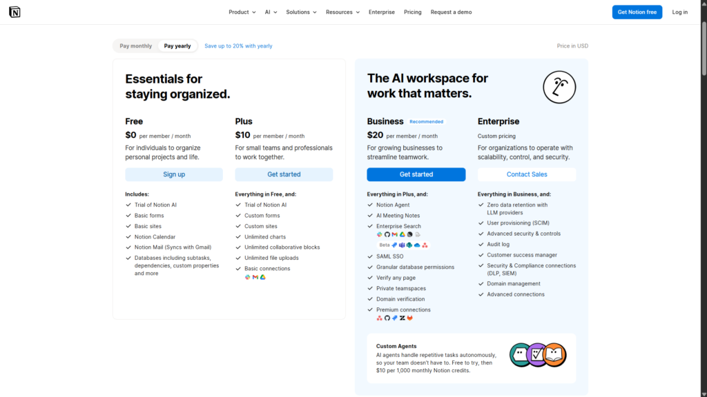 Notion pricing plans showing Free, Plus at $10, Business at $20 per member per month on annual billing